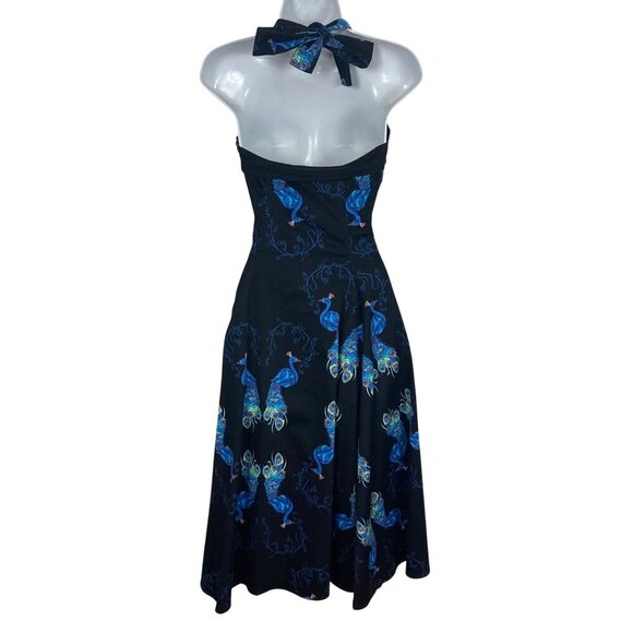 Collectif 50s Style Peacock Print Halter Dress Womens 8 Pin Up Rockabilly Prom - Picture 7 of 9